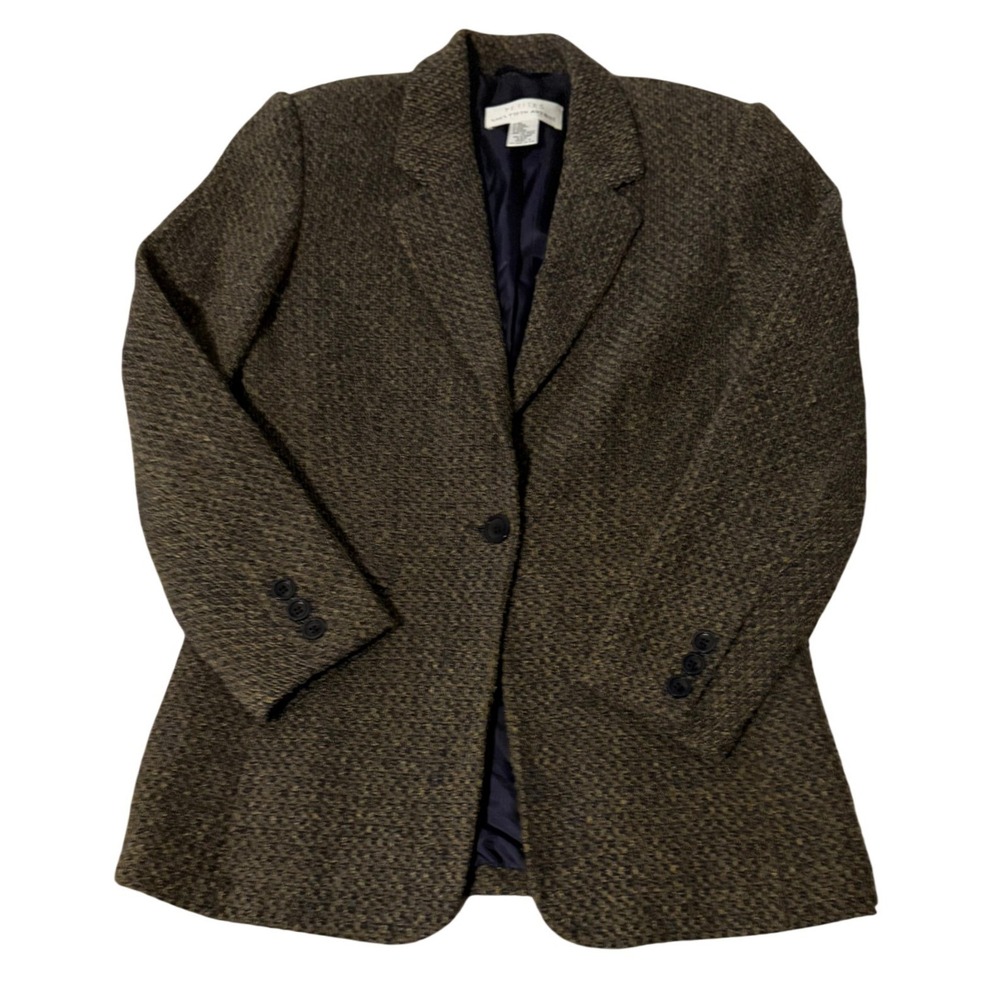 Saks Fifth Avenue Petites Wool Blend Blazer Size 4 Navy Gold Brown Weave Jacket